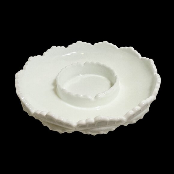 Vintage Fenton Hobnail Scalloped Edge Milk Glass Serving Dish with Center Divide - Picture 2 of 9
